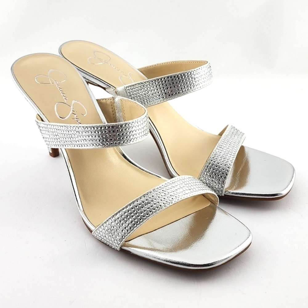 Jessica Simpson Women Silver Rhinestone Double Strap Slip On High Heel Sandal 9M - Picture 4 of 16